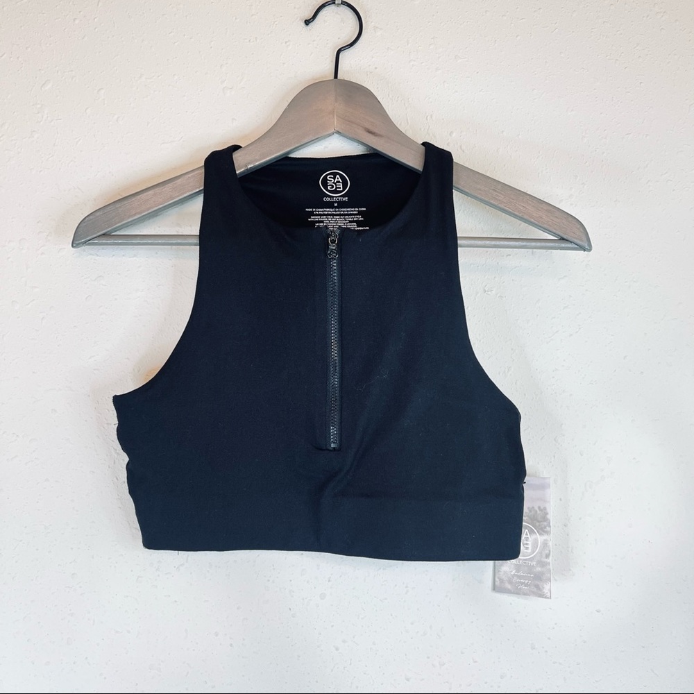 Sage Collective Women’s Zipper Front Black Sport Bra Size Medium NWT